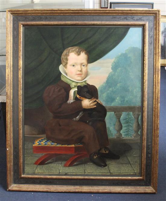 Continental School Portrait of a seated child holding a lap dog 31 x 25in.